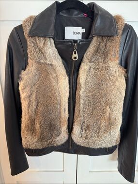 Doma Black Leather Jacket with Rabbit Fur. Size Small.